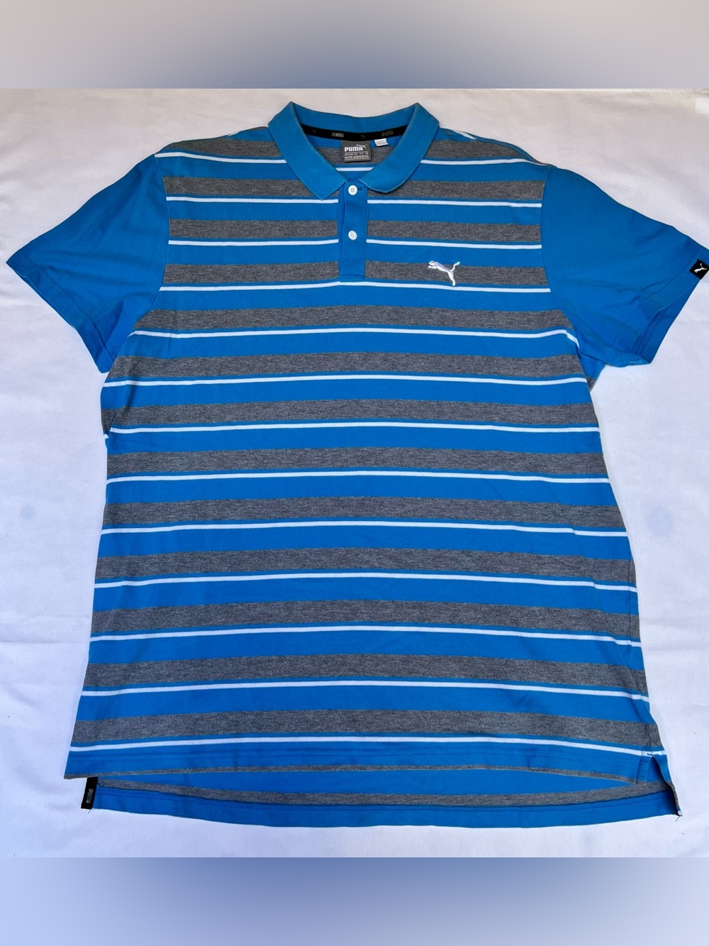 PUMA Men's Striped Polo Shirt Blue Gray White Collared Short Sleeve XXL